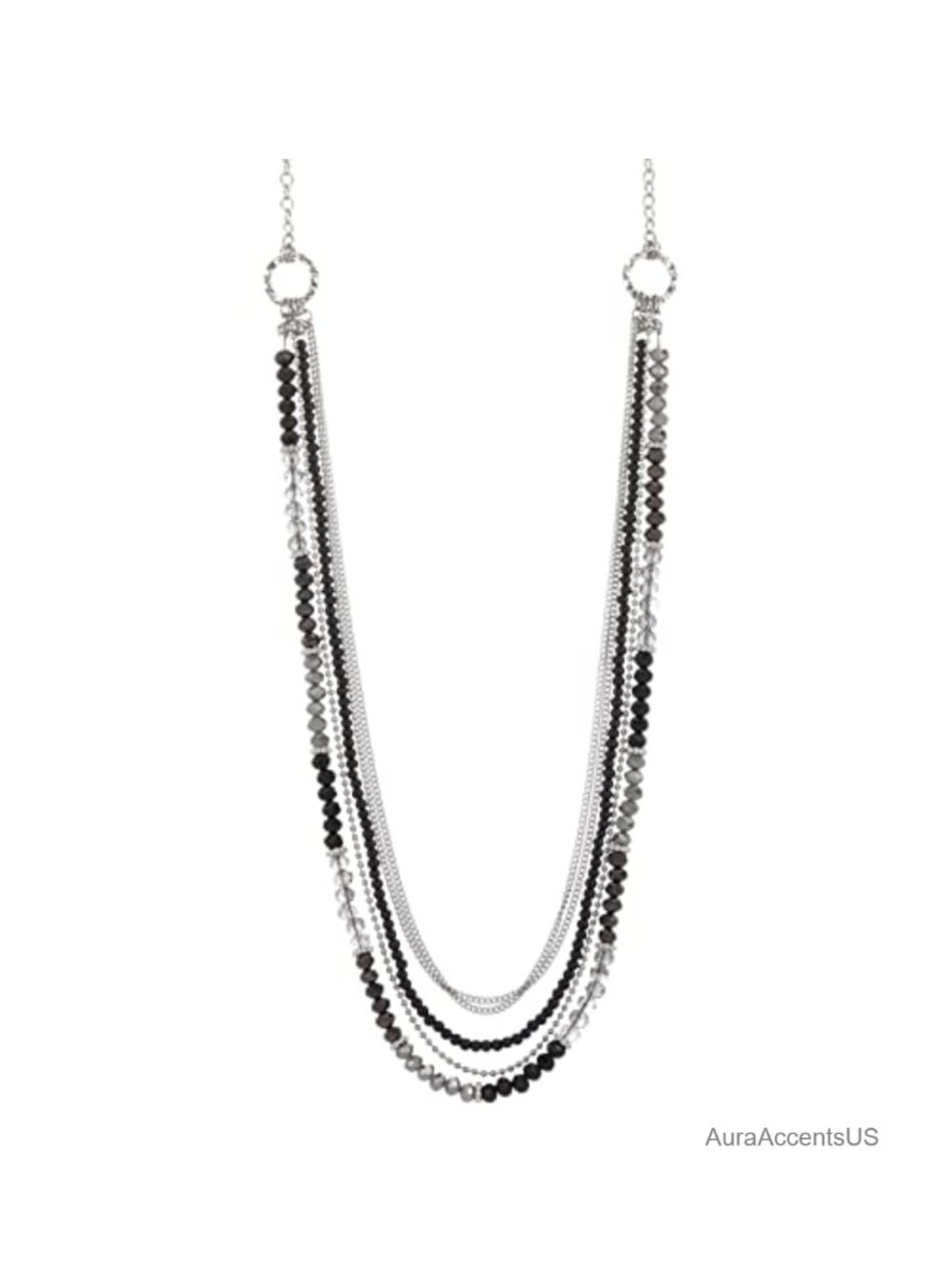 Long Beaded Necklace Silver Link Chain Shell Crystal Beads Layered 33"